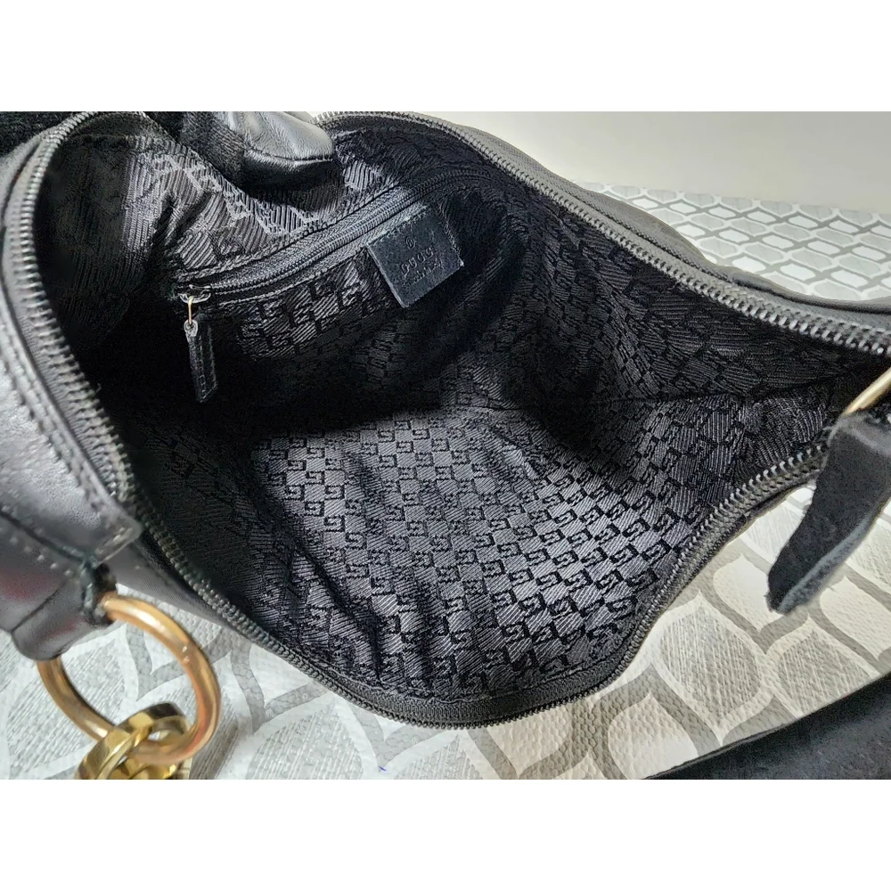 Gucci Vintage Leather-Trimmed Denim Hobo Bag Black